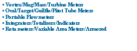 Text Box: • Vortex/Mag/Mass/Turbine Meters• Oval/Target/Guilflo/Pitot Tube Meters• Portable Flow meters• Integrators/Totalizers/Indicators• Rota meters/Variable Area Meters/Armored